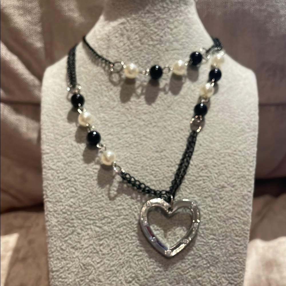 Black and White Heart Pendant Necklace with Beads lightweight 26”